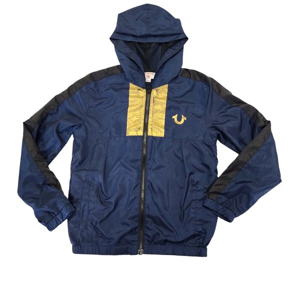 True Religion Youth Boys Navy Foil Print Hooded Windbreaker‎ , Size 7 - Picture 1 of 7